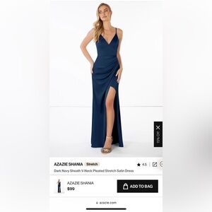 AZAZIE SHANIA Stretch- Dark Navy Sheath V-Neck Pleated Stretch Satin Dress